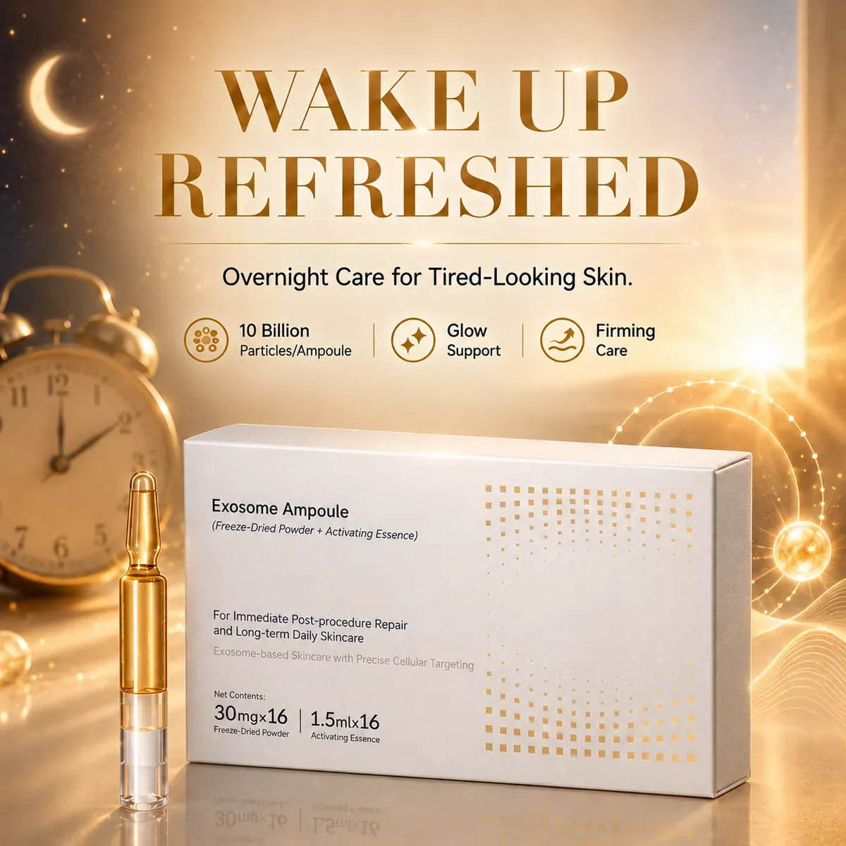 Ginseng Exosome Ampoule — Overnight Renewal & Anti-Fatigue Glow, 16 Sets: ampoule set, (30 mg + 1.5 ml) × 16 per box