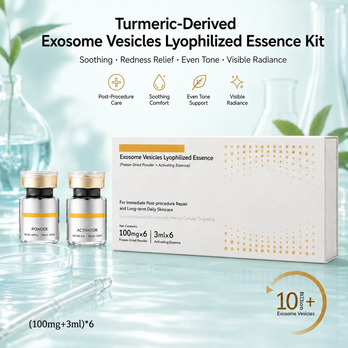 Turmeric Curcumin Exosome Vial Kit — Redness Care & Hydration, 6 Sets: vial kit, (100 mg + 3 ml) × 6 per box