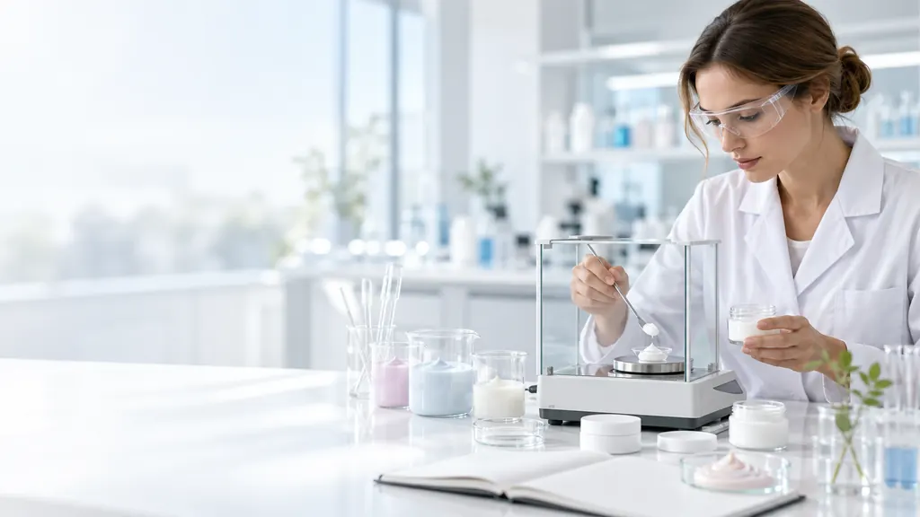 Cosmetic chemist weighing a cream sample on an analytical balance in a bright R&D lab (illustration)