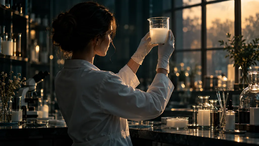 Chemist holding a beaker of milky emulsion up to window light (illustration)