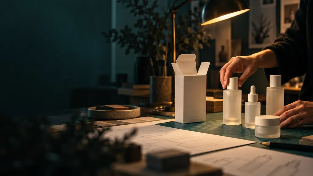 Designer arranging frosted bottles and an unprinted carton