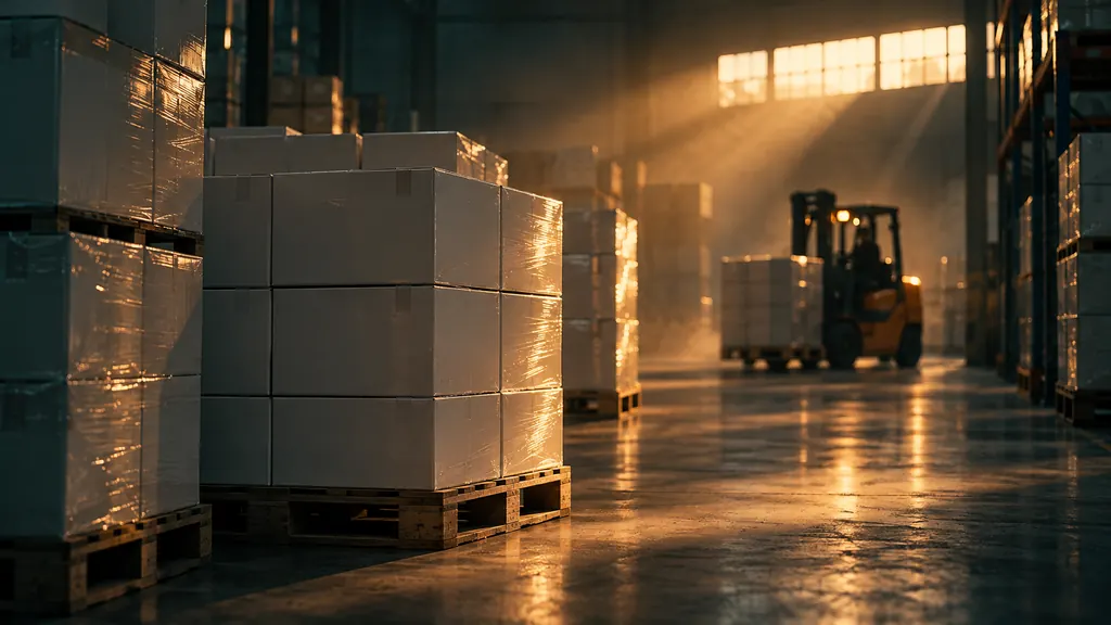 Palletised export cartons in a warehouse at dawn (illustration)