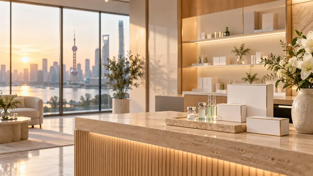 Showroom reception counter with sample boxes and vials overlooking Shanghai (illustration)