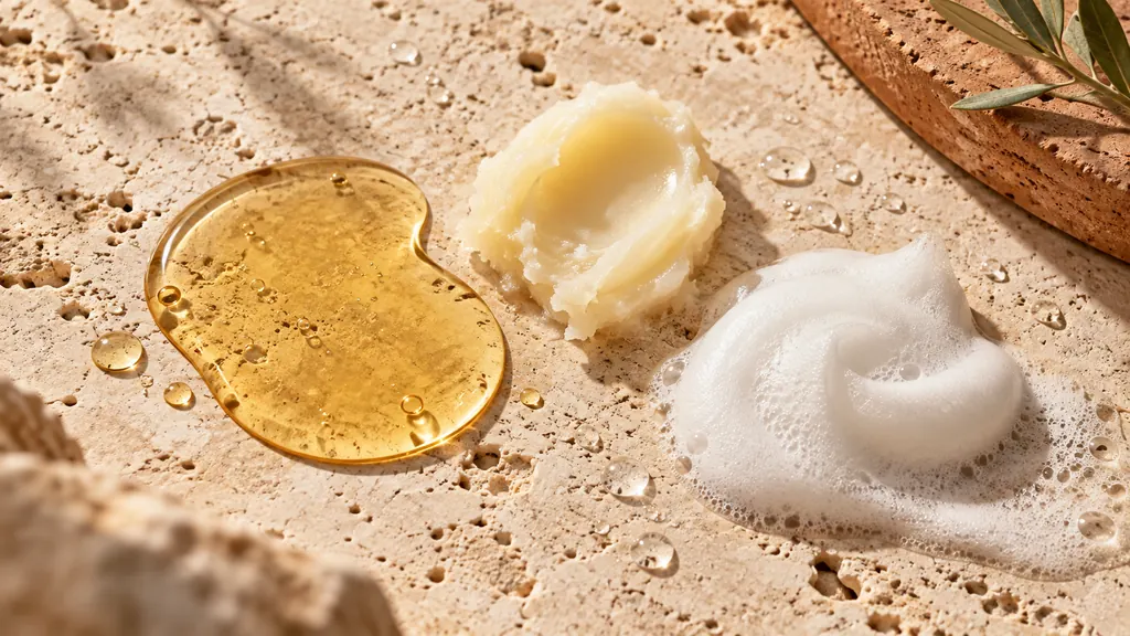 Swatches of cleansing oil, balm and foam cleanser on stone (illustration)