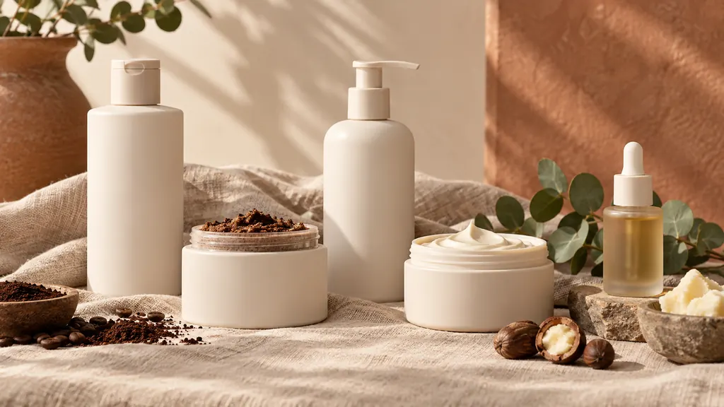 Body-care bottles, tubes and jars with a matching scent story arranged on linen (illustration)