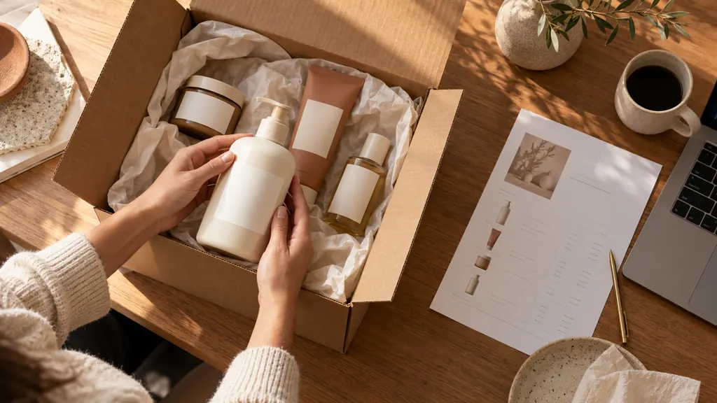 Founder unpacking a first run of private-label body-care products (illustration)