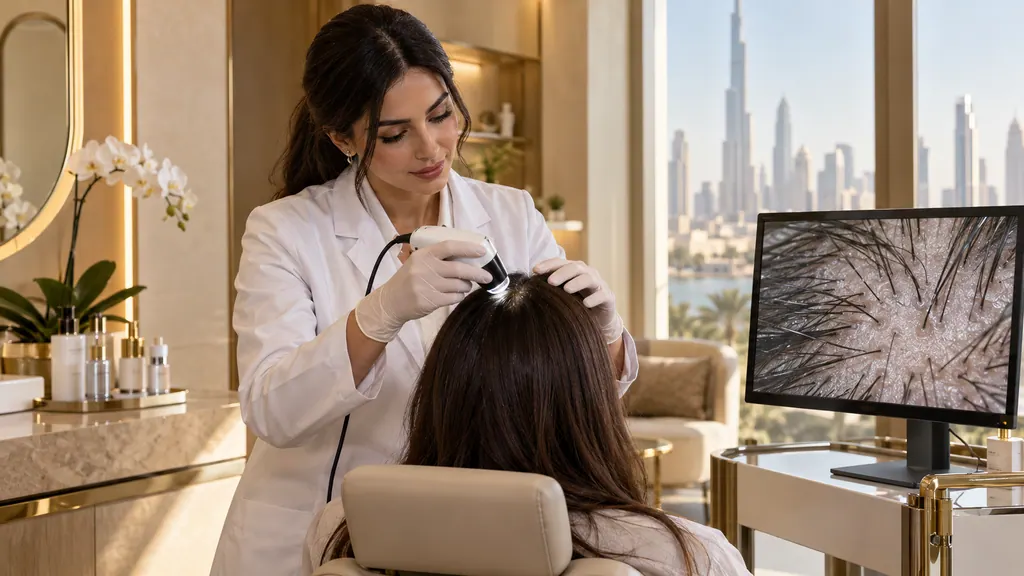 Specialist using a scalp analysis camera in a trichology clinic (illustration)