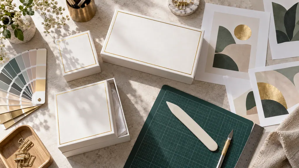 Gold-stamped white boxes, artwork proofs and swatches on a designer’s desk