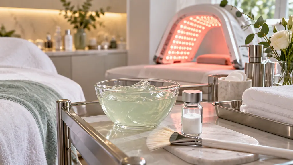 Clinic workstation after a laser facial with a soothing gel bowl and serum vial
