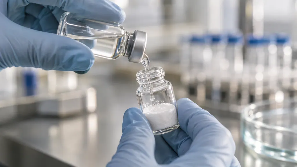 Gloved hands pouring activator liquid into a vial of freeze-dried exosome powder