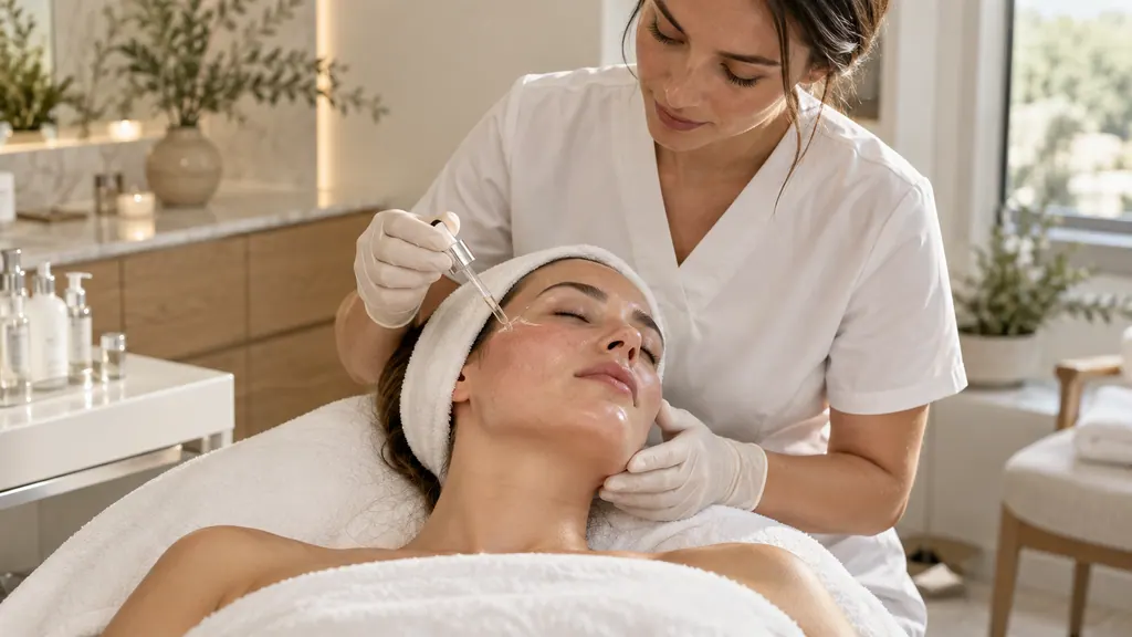 Aesthetician applying serum to a client after microneedling in a med-spa (illustration)