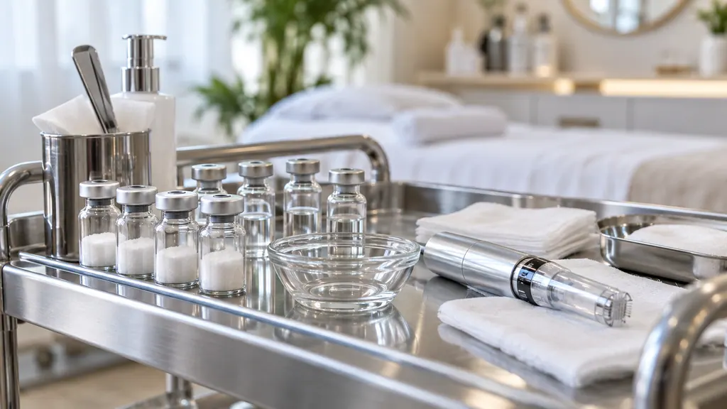Treatment trolley with freeze-dried powder vials, activator vials and a microneedling pen