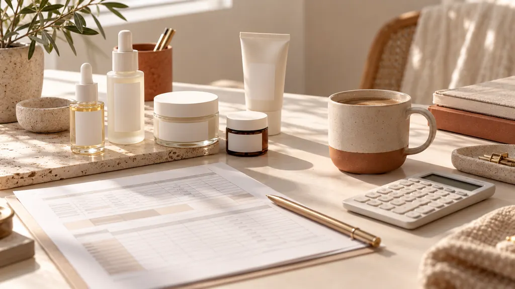 Desk with a price-tier sheet, product samples and a calculator for order planning (illustration)
