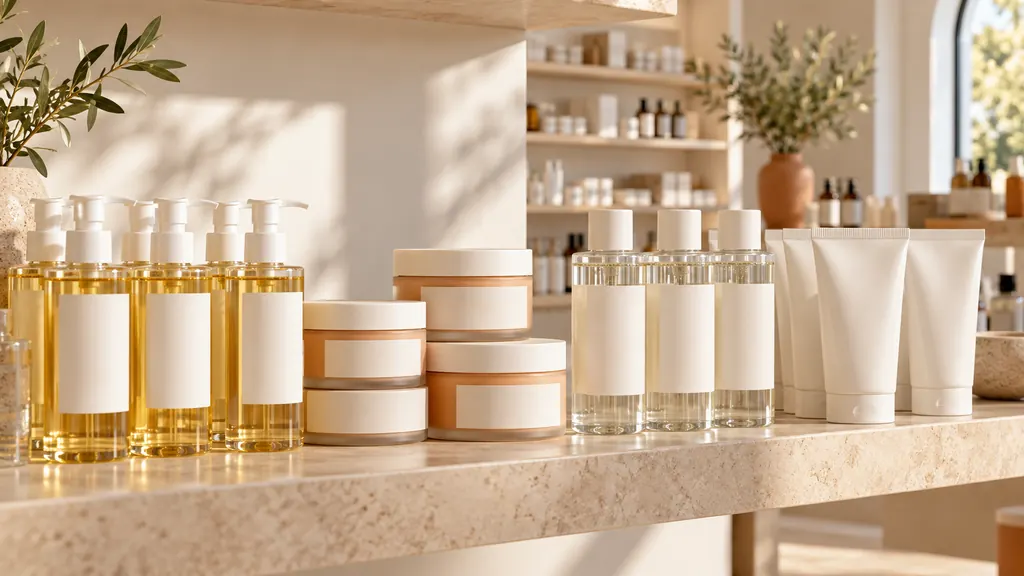 Pharmacy shelf with a tidy row of cleansing oils, balms and gentle cleansers (illustration)