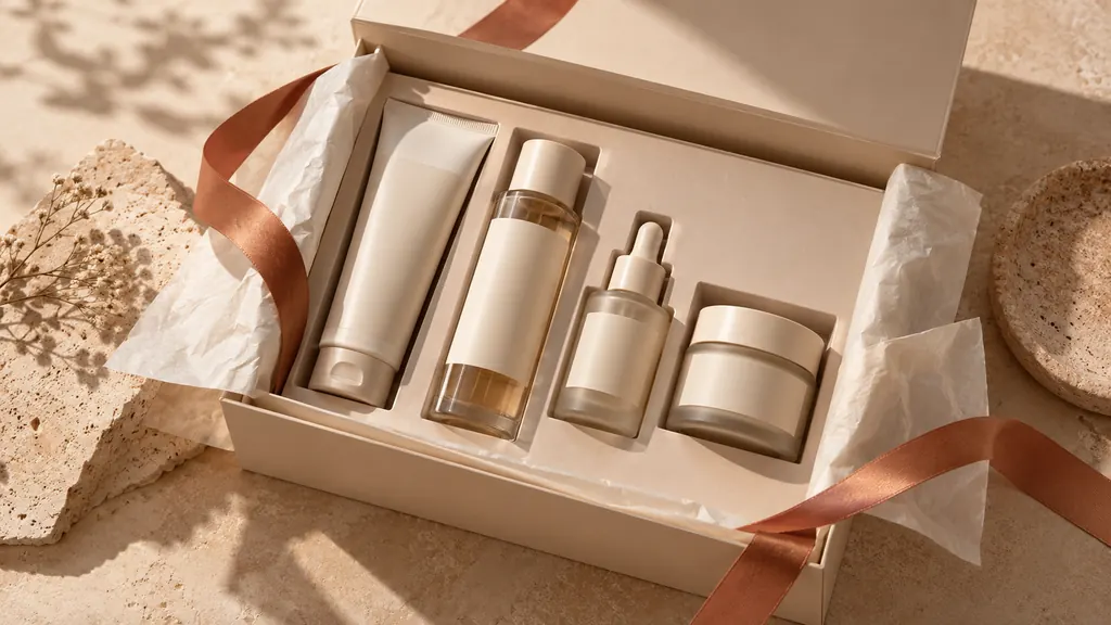 Four-step skincare routine set in an open gift box (illustration)
