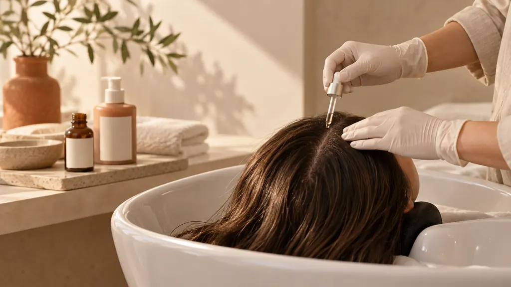 Stylist applying a scalp treatment at a salon wash basin (illustration)