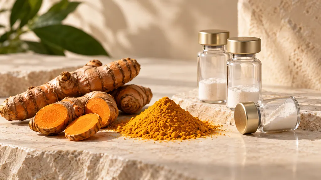 Fresh turmeric roots, turmeric powder and gold-capped powder vials